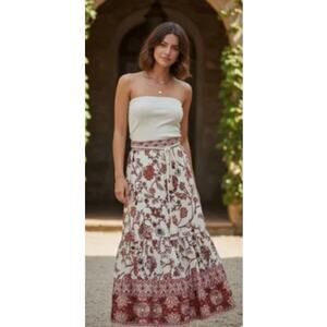 House of Harlow 1960 Boho Linen Blend Floral Print Maxi Skirt Shell Tassel Sz XS